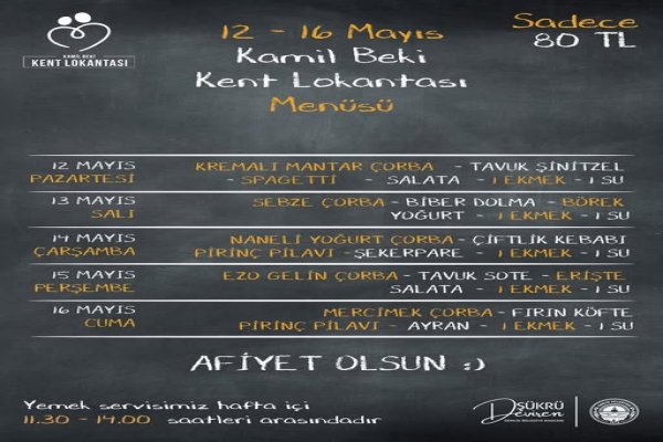 12-16 Mayıs 2025 Gemlik Kent Lokantası Haftalık Menüsü