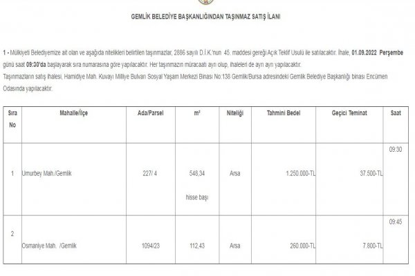 BELEDİYE 2 DEĞERLİ MÜLKÜNÜ SATIYOR