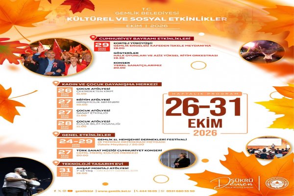 Gemlik Belediyesi Kültürel ve Sosyal Etkinlikler | 26-31 Ekim Haftalık Programı