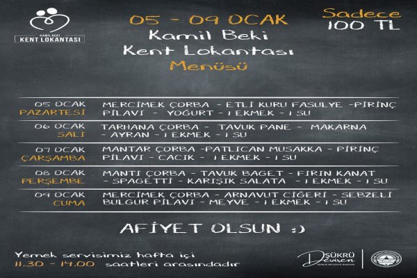 Gemlik Kent Lokantası 05-09 Ocak Menüsü