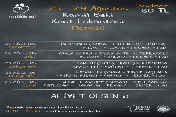 Gemlik Kent Lokantası 25-29 Ağustos Menüsü