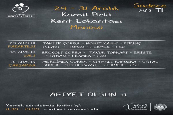 Gemlik Kent Lokantası 29-31 Aralık Menüsü