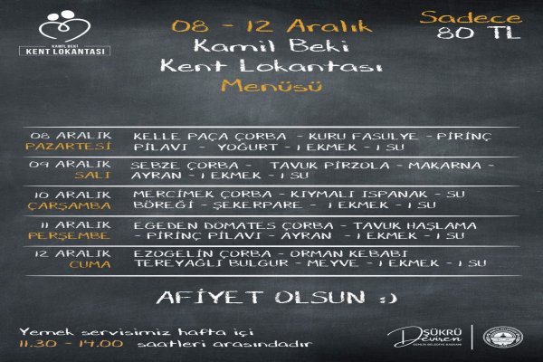 Gemlik Kent Lokantası  8-12 Aralık Menüsü