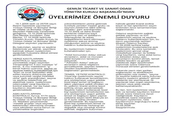 GEMLİK TİCARET VE SANAYİ ODASI YÖNETİM KURULU BAŞKANLIĞI’NDAN