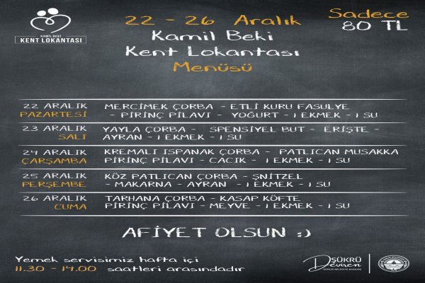 Kamil Beki Kent Lokantası Haftalık Menüsü