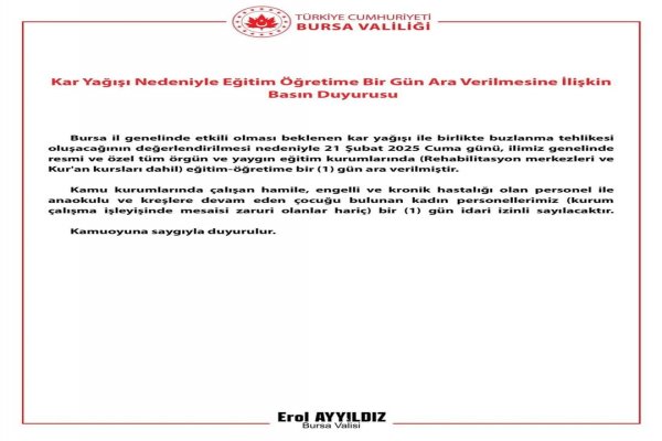 OKULLARA BİR GÜNLÜK KAR TATİLİ